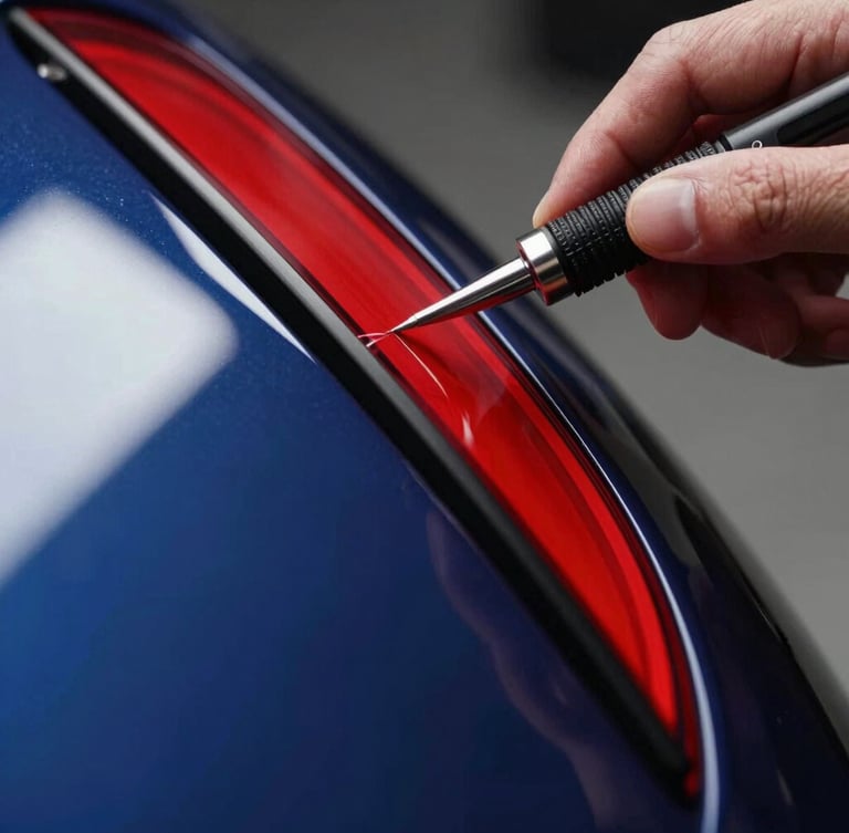 Extreme close-up of a technician using a specialized linear LED reflection board to inspect a car panel curve, high-contrast studio lighting, sharp red reflections, 35mm