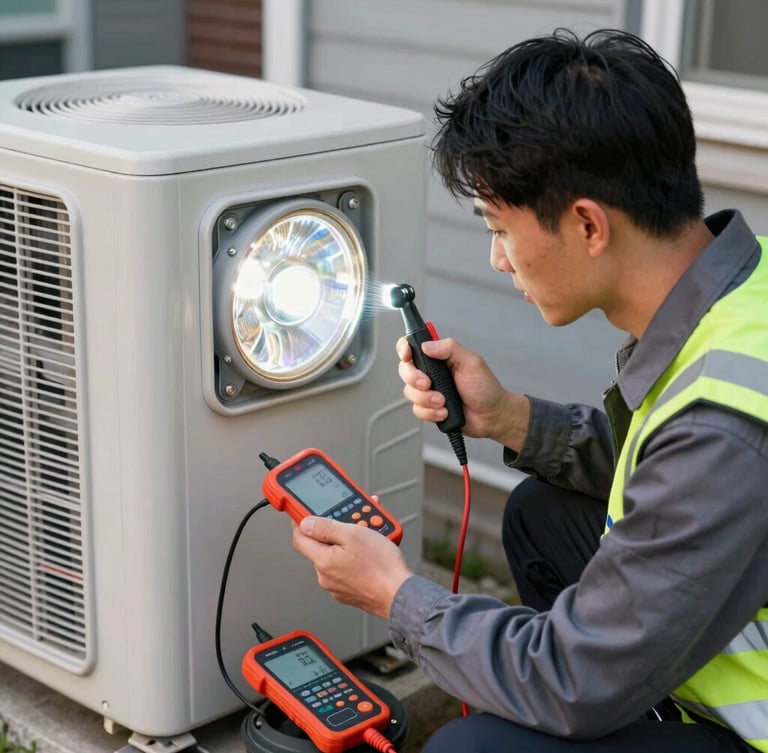 AC technician with headlamp working on a residential outdoor unit at night, showing diagnostic tools, realistic high-visibility lighting