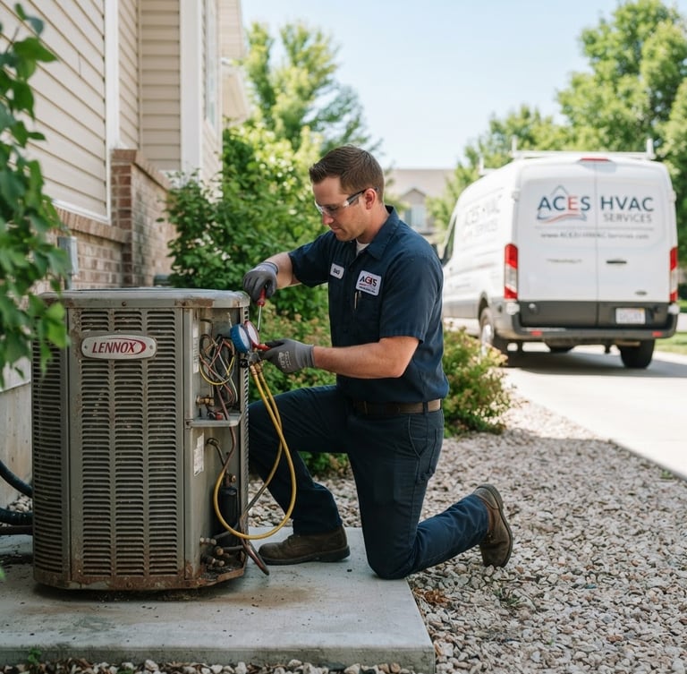 Professional technician in uniform working on an outdoor AC condenser unit in bright Lindon daylight, service van parked nearby, shallow depth of field. Subject is slightly to the left, with ample negative space on the right.