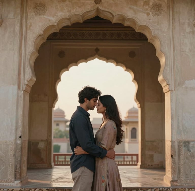 Cinematic portrait of a couple embracing gently under a stone archway of a Rajasthani palace, soft golden-hour light, warm film tones, off-center editorial crop.