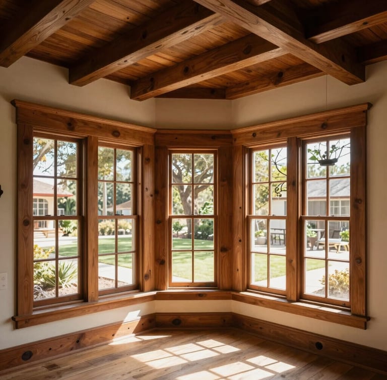 Wide-angle architectural shot of a restored Craftsman home interior, warm California daylight streaming through wood-framed windows, highlighting pristine joinery and custom trim.