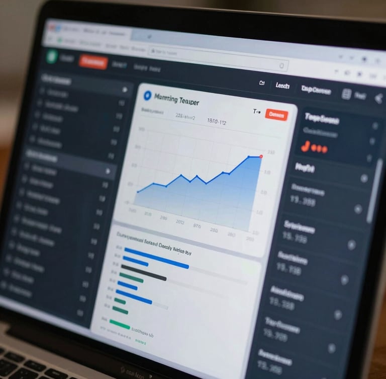 Close-up of a modern digital marketing dashboard showing positive lead trends and phone call tracking metrics, high contrast, clean interface