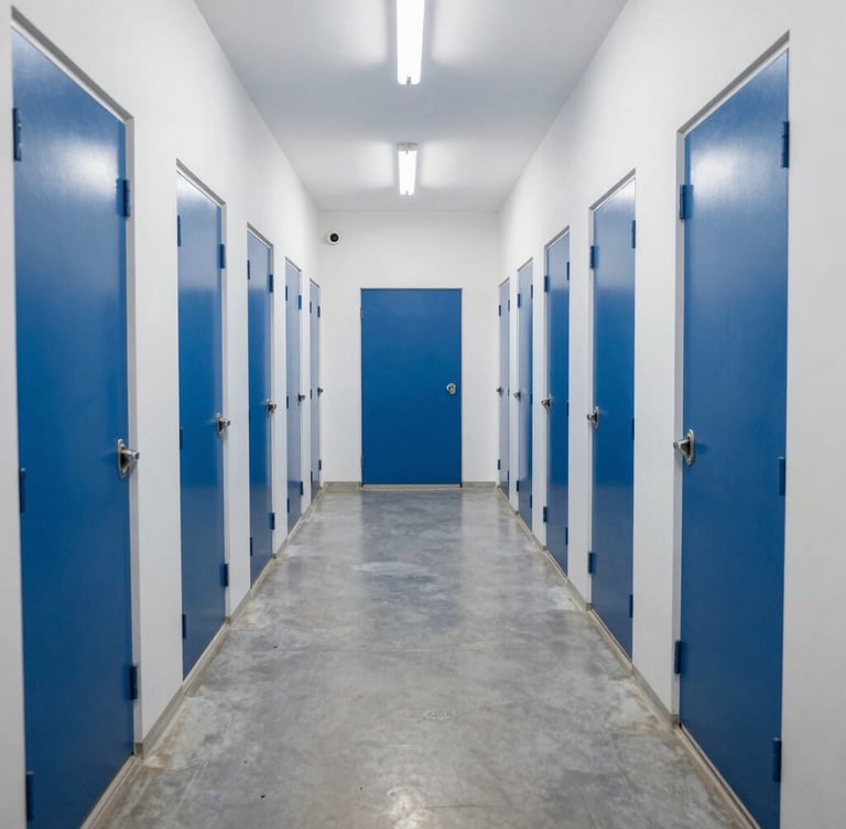 Symmetrical wide shot of a brightly lit, clean storage corridor in Dubai, showing uniform blue doors, white walls, and polished concrete floor under even, bright daylight simulation.
