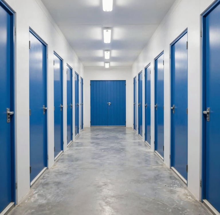 Straight-on symmetrical wide shot of a brightly lit, clean Dubai storage facility corridor with uniform blue doors and concrete floor.
