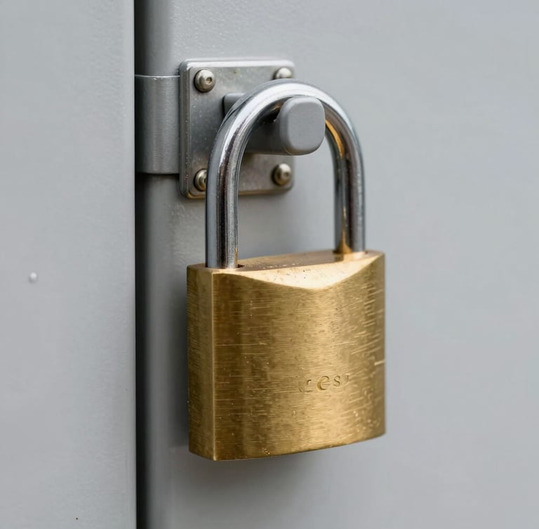 Close-up of a heavy-duty brass padlock securing a storage unit door, clean industrial aesthetic.