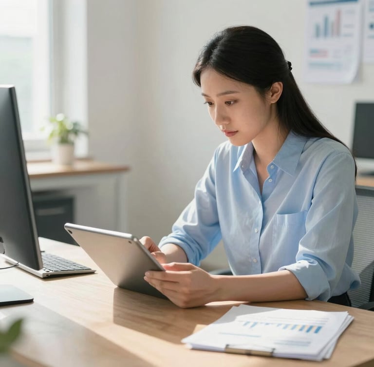 A professional consultant in a bright modern workspace, reviewing financial data on a tablet, soft shadows, warm sand tones, 35mm