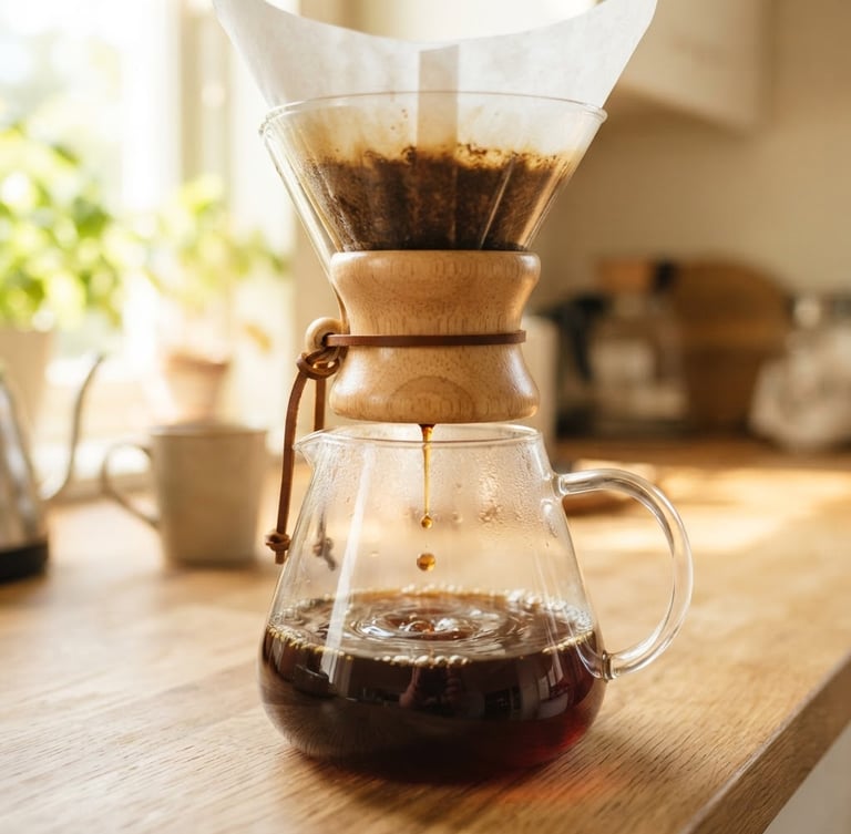 Bright editorial food photography of coffee slowly dripping through a Chemex paper filter into a glass carafe, warm morning light, shallow depth of field.