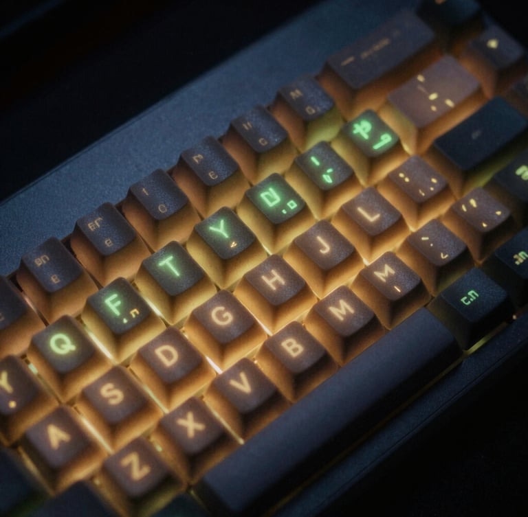 Macro close-up of a high-contrast mechanical keyboard in a dark room, glowing amber and green terminal screen reflections on the keycaps, 35mm