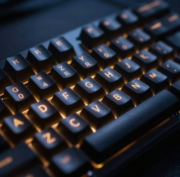 Macro close-up of a mechanical keyboard in a dark room, glowing amber backlights reflecting off the keycaps, shallow depth of field, 35mm photography.