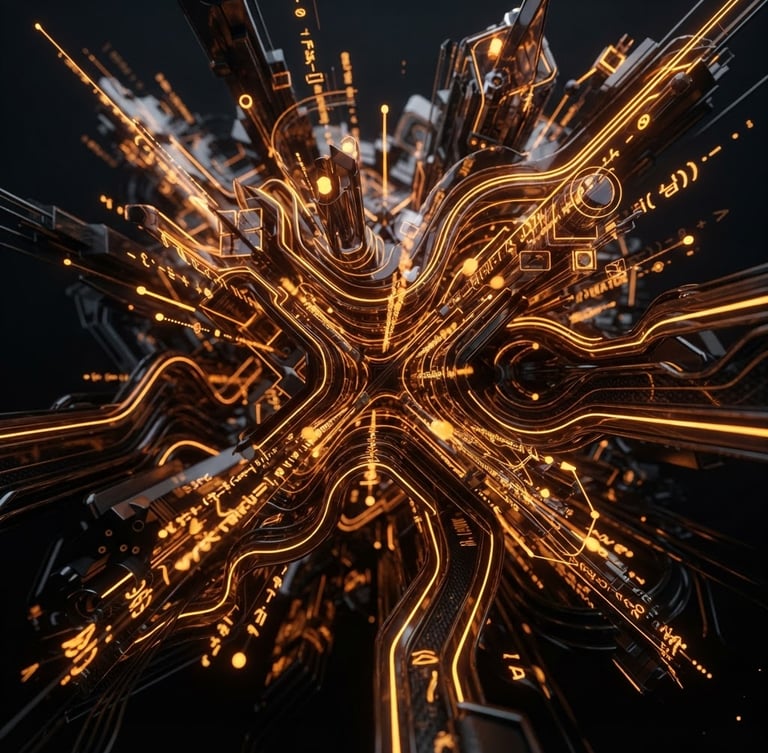dark 3d render, neon amber rim lighting, deep obsidian background, cyber-luxury mood, macro lens, abstract architectural code visualizations glowing in amber
