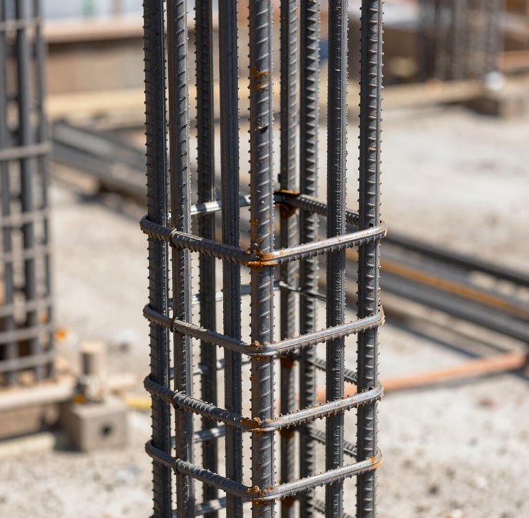 Macro shot of perfectly tied reinforcement steel on a clean construction site, hard daylight, sharp geometric lines.