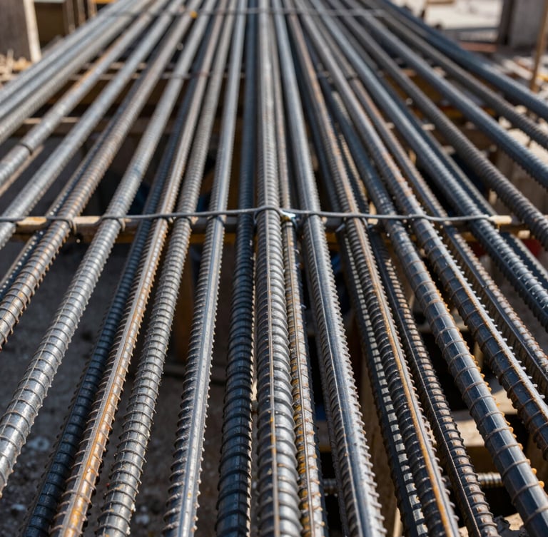 Macro shot of perfectly tied reinforcement steel on a residential construction site, straight-on geometric angle, sharp contrast, daylight