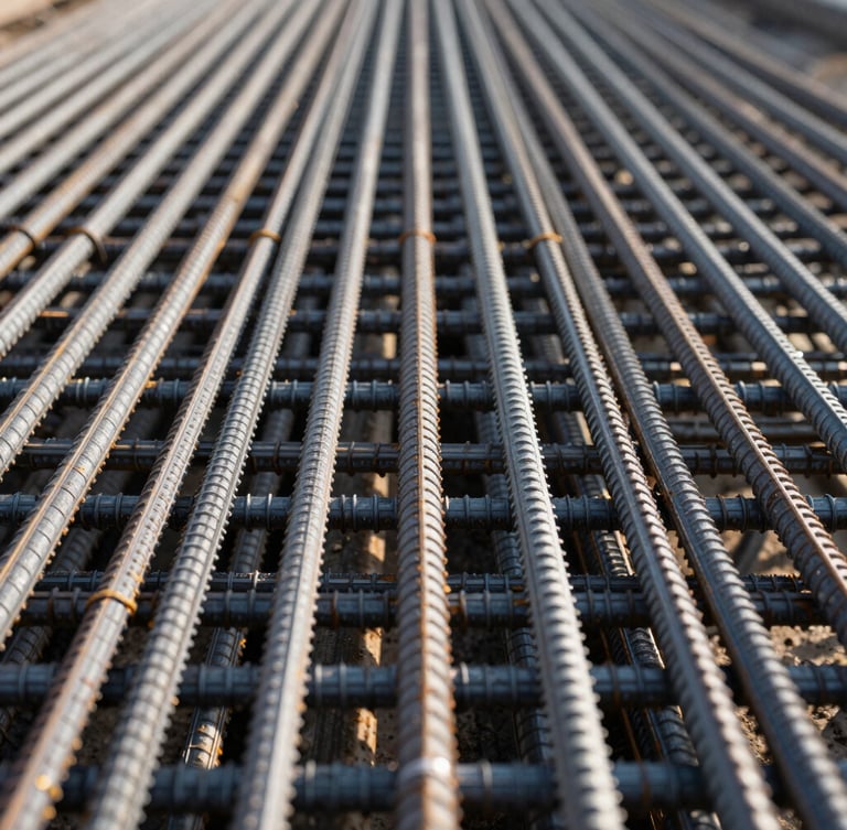 Straight-on architectural macro shot of perfectly tied reinforcement steel grids, cold morning daylight, sharp industrial contrast.