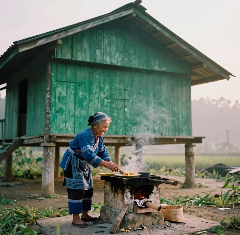 An elderly ethnic Tay woman in traditional indigo clothes smiling while preparing food near a traditional wood-fired stove in a stilt house, soft light