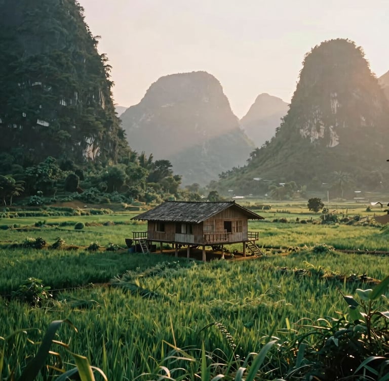 Misty golden hour view of a rustic wooden stilt house nestled in a lush green valley of Cao Bang, limestone karst mountains in the background, warm light filtering through trees, 35mm film aesthetic