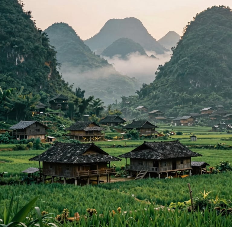 Misty morning in a traditional Tay ethnic village in Cao Bang, rustic wooden stilt houses surrounded by lush green karst mountains and rice fields, authentic cultural heritage, editorial travel photography, 35mm film aesthetic