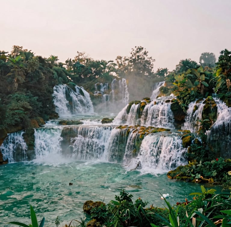 Wide-angle editorial landscape of Ban Gioc waterfall at golden hour, powerful jade water cascading down three tiers, lush green mossy rocks, misty morning atmosphere, 35mm film aesthetic.