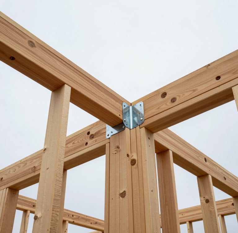 Low-angle architectural shot of heavy timber deck framing against an overcast sky, showing precise joist spacing and galvanized steel connectors, raw wood textures.
