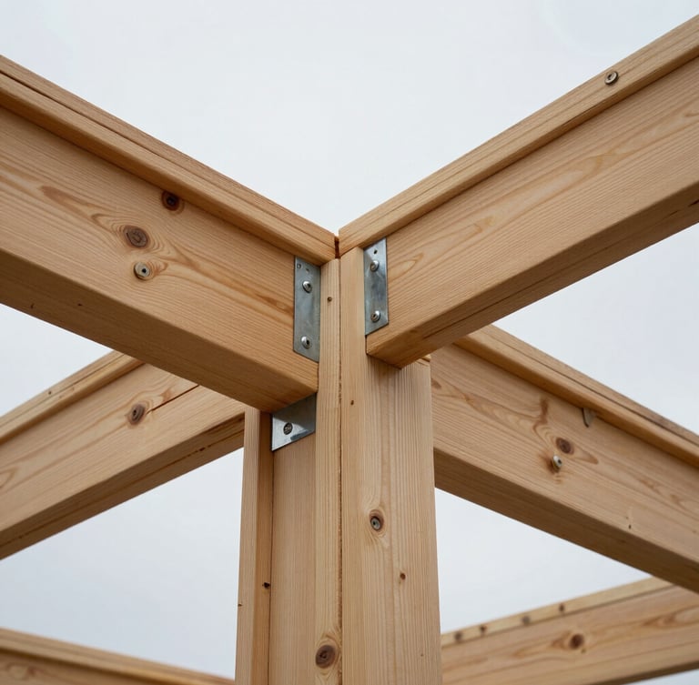 Low-angle architectural shot of heavy timber deck framing against an overcast sky. Focus on tight wood-to-wood joinery and galvanized steel fasteners, raw cedar texture visible.