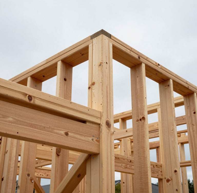 Low-angle architectural shot of heavy timber deck framing, clean wood-to-wood joinery, overcast natural daylight highlighting raw cedar grain, kissing the right edge of the frame.
