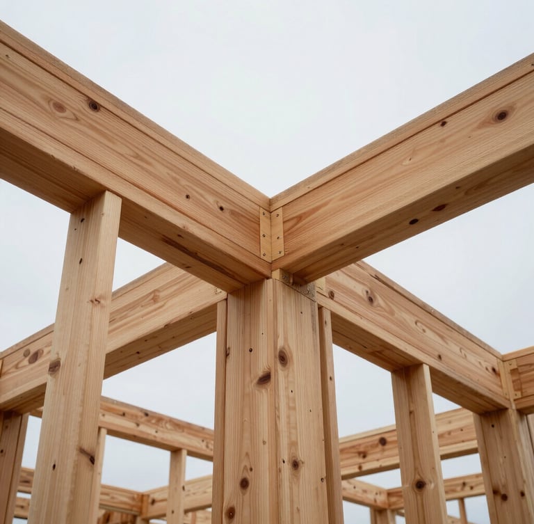 Low-angle architectural shot of heavy timber framing, clean wood-to-wood joinery, overcast natural daylight highlighting the raw cedar texture.