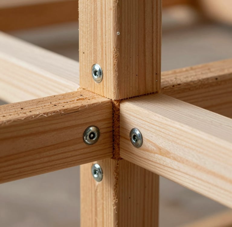 Macro close-up of tight wood-to-wood timber-frame joinery, showing clean bevel cuts and galvanized steel fasteners on a cedar post