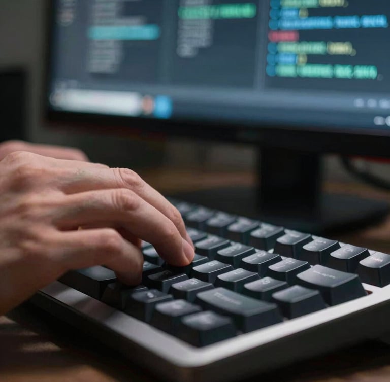 Macro shot of hands on a mechanical keyboard under sharp side-lighting, terminal code visible on a dark monitor in the background, 35mm lens.