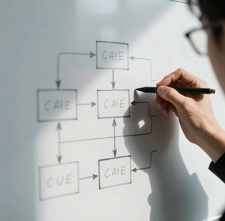 A high-contrast macro shot of hands sketching a unified system architecture diagram on a physical whiteboard, deep side shadows, cool corporate tones