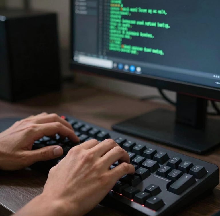 Macro close-up of a software engineer's hands typing on a mechanical keyboard, terminal-green code reflected on a dark glass monitor, natural side-lighting, deep shadows, 35mm lens