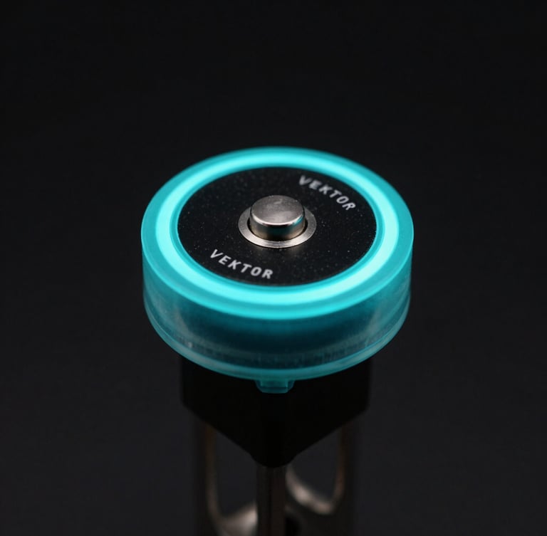 Moody macro close-up of a single Vektor Hall Effect magnetic switch, electric cyan rim lighting on the translucent stem, deep black background, high-detail engineering shot.