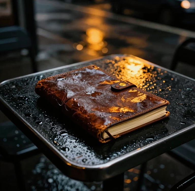 Cinematic high-contrast noir photography, a worn leather journal open on a rain-slicked metal table, glowing amber neon light reflecting off wet surfaces, 35mm film grain