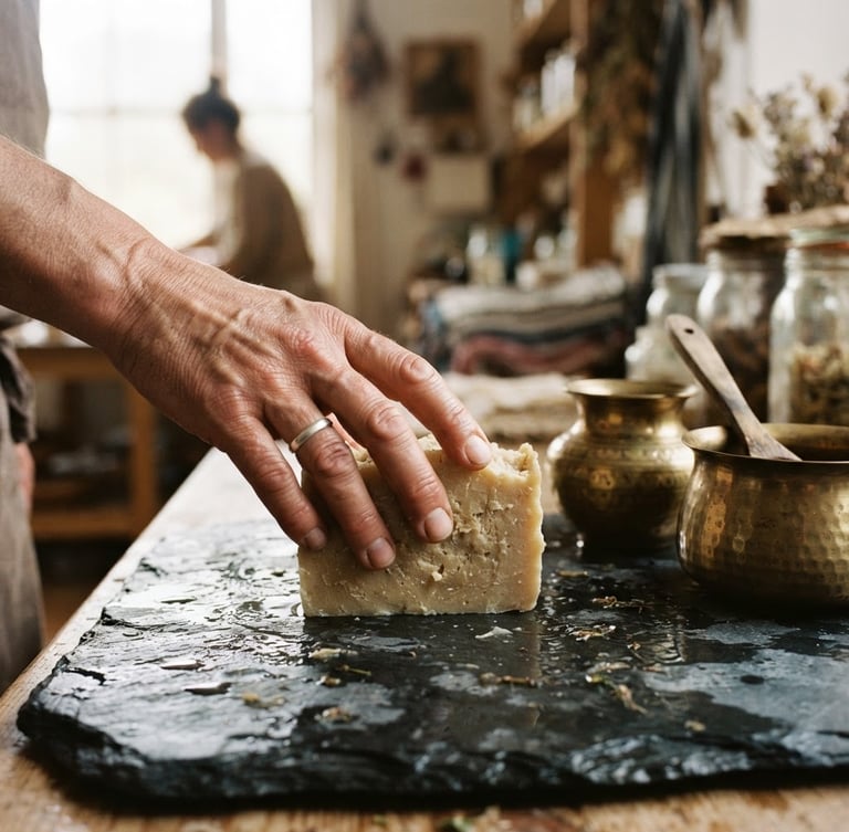 Hasselblad medium format, close-up of an artisan's hand touching a freshly cured soap bar resting on a wet slate slab beside brass Ayurvedic vessels, warm natural window light, 35mm film grain, visible skin textures, soft depth of field, portrait orientation, bleeding to the left edge.