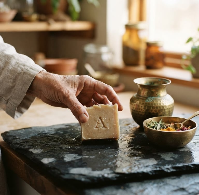 Hasselblad medium format, close-up of an artisan's hand gently holding a freshly cured, uncolored soap bar on a wet slate slab, beside antique brass Ayurvedic vessels, warm window light, soft depth of field.