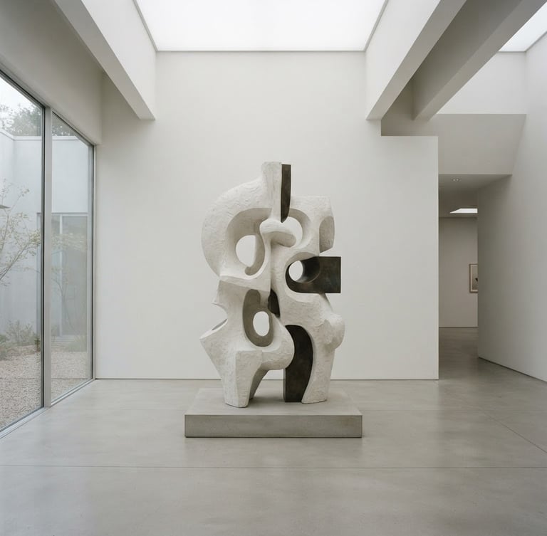 Minimalist gallery interior, pristine white walls, single large abstract sculpture in the center, soft diffused natural light, architectural framing, desaturated neutral tones.