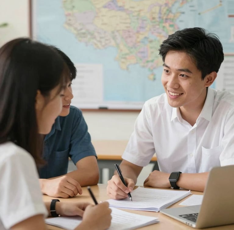 Vietnamese consultant and a student having a warm discussion over a study plan laid out on a table, a subtle planning map in the background, natural daylight, warm and hopeful mood, shallow depth of field, 35mm.