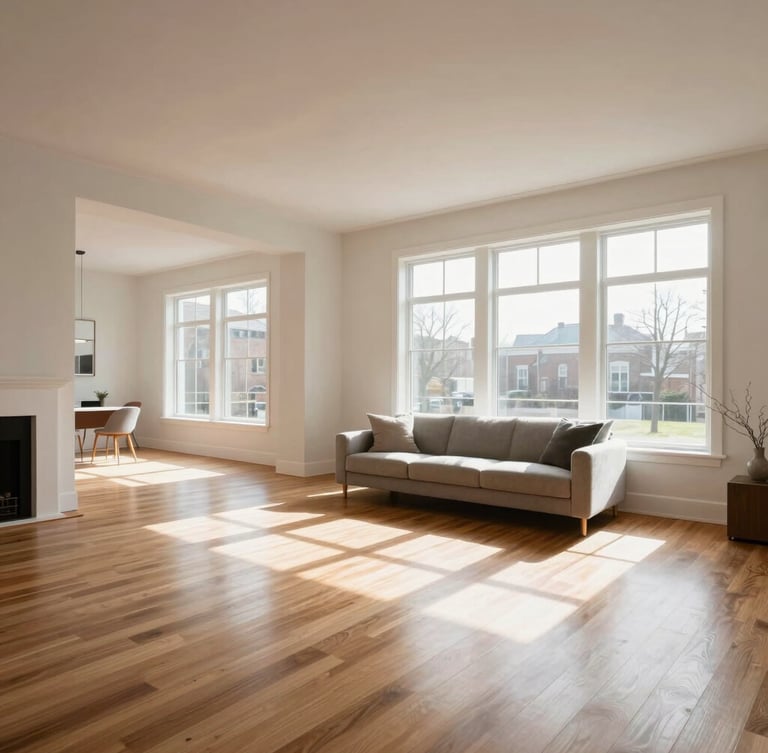 Wide architectural interior of an immaculate, sunlit contemporary Ottawa living room with polished hardwood floors, clean minimalist lines, natural light pouring through large windows.