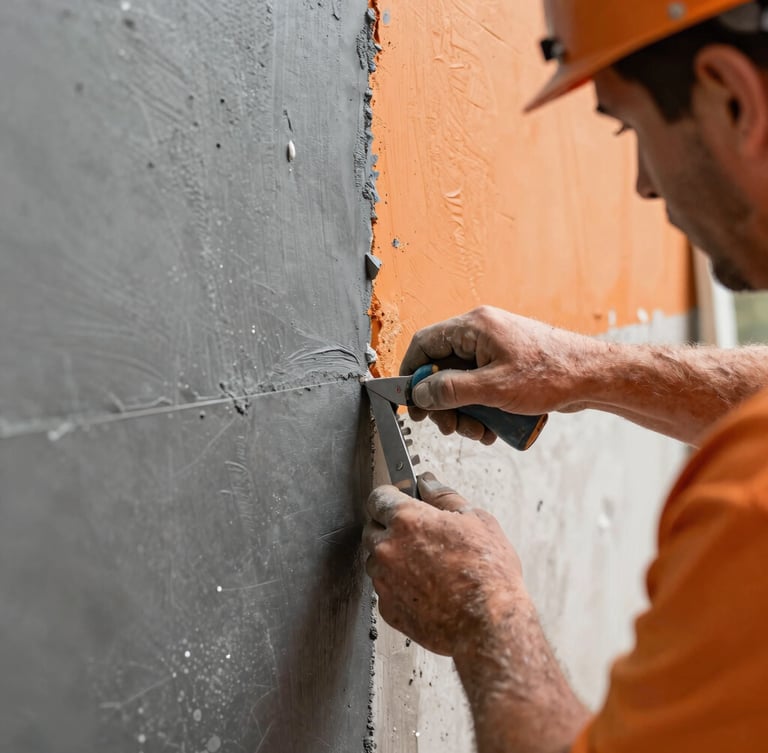 Sharp industrial photography, close-up of a professional mason finishing a clean plasterboard joint, bright natural light, safety gear visible, high contrast slate and orange tones