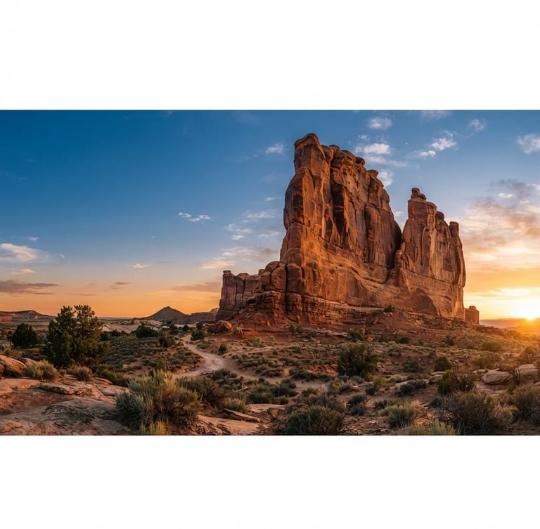 Wide panoramic Utah high-desert landscape at golden hour, a majestic sandstone formation filling the right two-thirds, expansive sky, low horizon, sharp architectural focus.