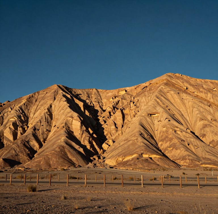 Wide panoramic Utah high-desert landscape at golden hour, sandstone cliffs in the background, a well-maintained fence line in the foreground, crisp high-desert daylight, deep navy and sandstone tones, sharp architectural focus