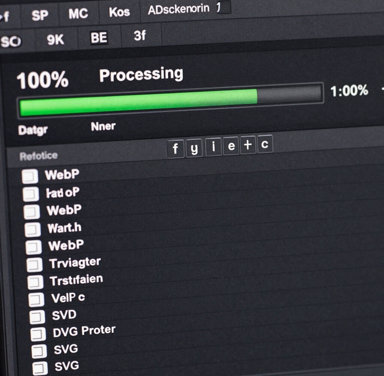 Macro high-fidelity screenshot of a dark-themed batch processing utility interface, showing a progress bar at 100% and a list of converted WebP and SVG files.