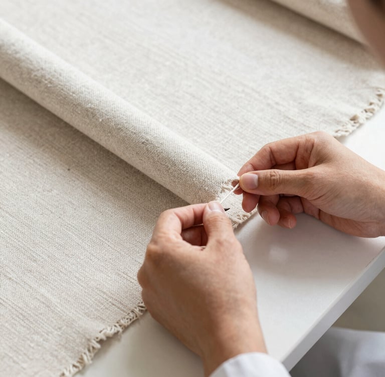 A quality control inspector examining a bolt of raw linen textile under bright neutral light, checking thread consistency.