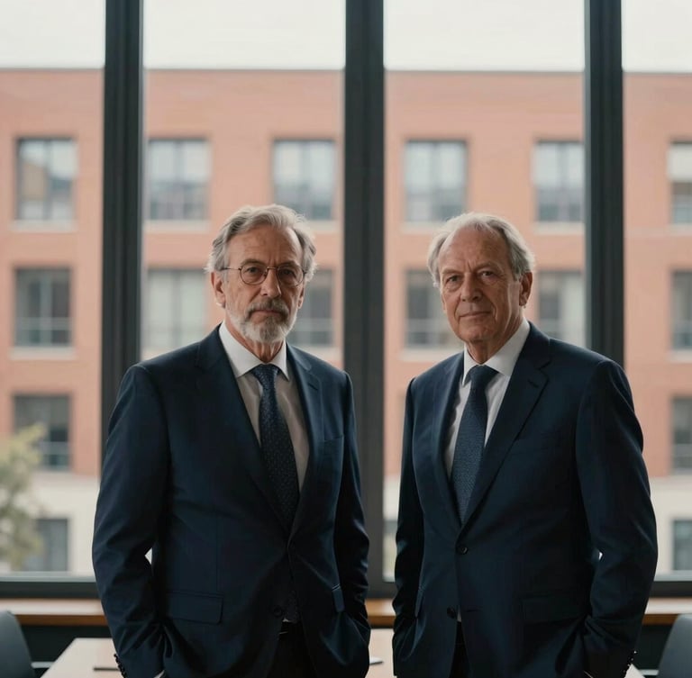 Professional low-contrast portrait of senior business partners in deep focus, modern corporate architecture of Madrid visible through windows, soft natural morning light, muted navy tones, 35mm
