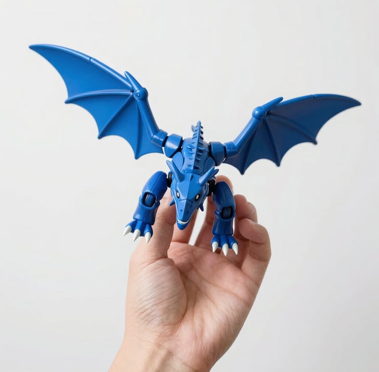 Bright high-key product photography of a hand holding a highly detailed, iridescent blue articulated dragon, showing clean layer lines and smooth joints, crisp studio light, macro lens, sharp focus, 35mm