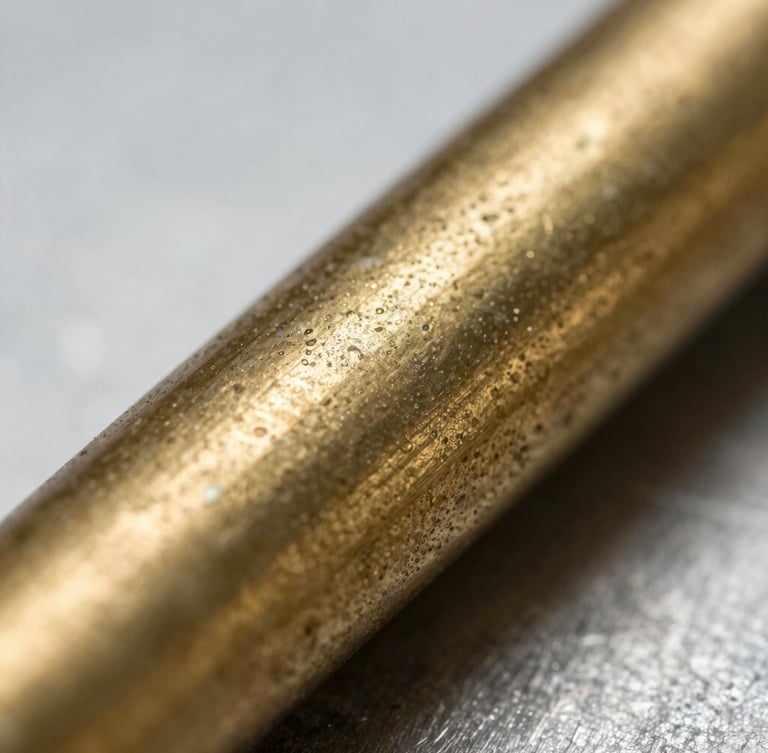 Macro close-up of a brass band heater, high-contrast metallic textures, cool steel background with warm amber highlights, shallow depth of field.