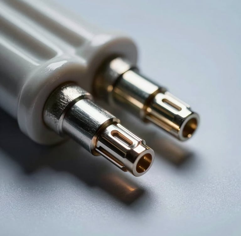 Eye-level technical shot of ceramic band heater terminals, dramatic shadows, cool ambient light, sharp industrial photography.
