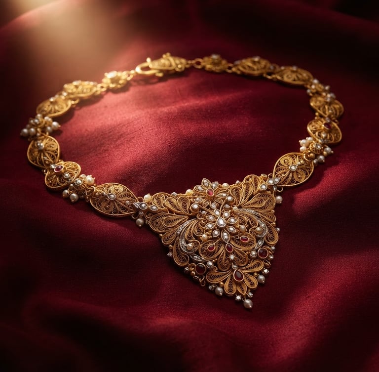 Macro close-up of intricate 22k gold filigree bridal necklace laid out on rich crimson silk, warm dramatic spotlight catching the metallic gleam, luxurious editorial jewelry photography