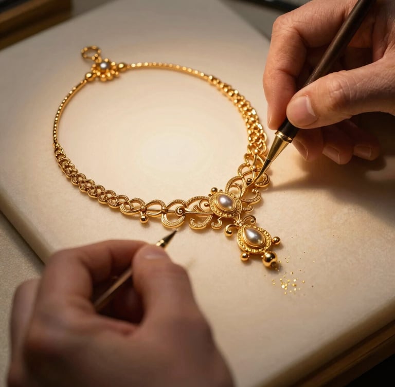 Hands of a master jeweler detailing a wax mold for an intricate gold bridal necklace, warm side-lighting catching gold dust