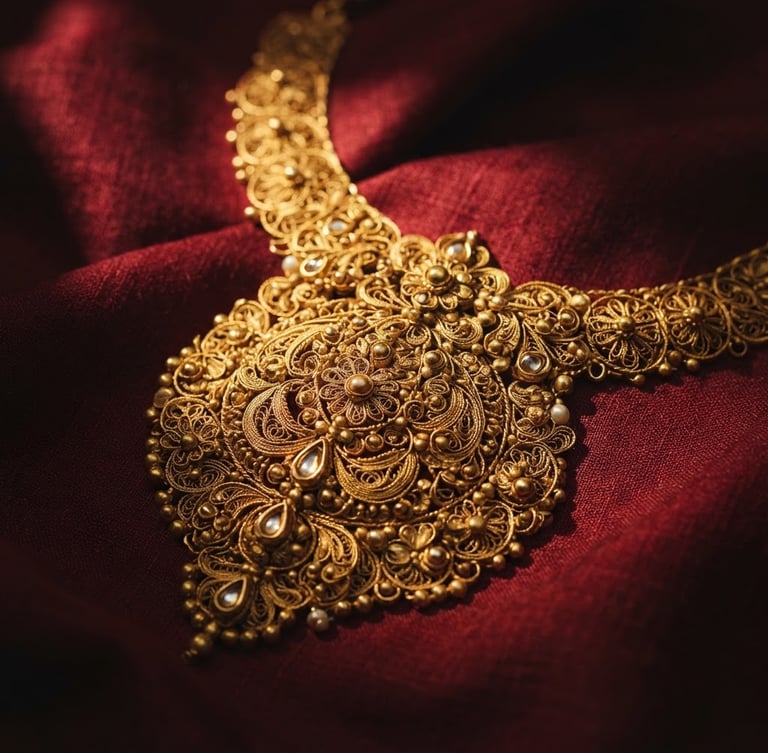 Macro close-up of 22k gold necklace on rich red silk, warm dramatic spotlight catching the intricate filigree work