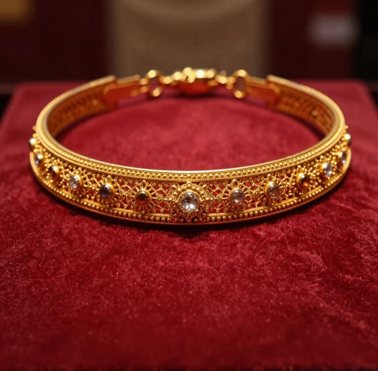 Macro close-up of a heavy gold bridal choker set resting on rich crimson velvet, warm showroom spotlights illuminating the fine filigree details, luxurious editorial jewelry photography.