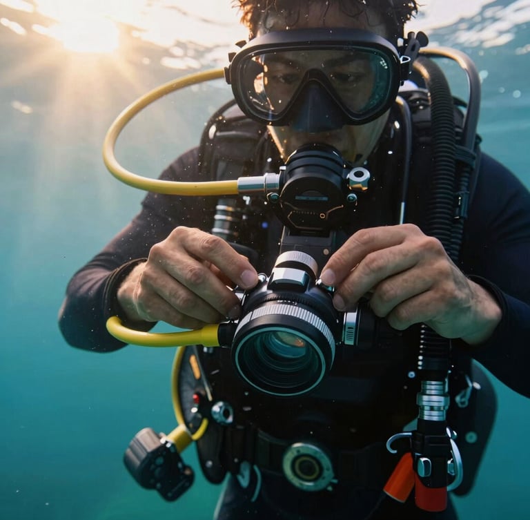 Close-up of a diver's hands adjusting professional scuba regulator gear, soft golden hour sunlight reflecting off the turquoise water surface, clean and focused composition.